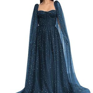 Sparkle Starry Tulle Cape Sleeve Prom Dress - Navy Blue